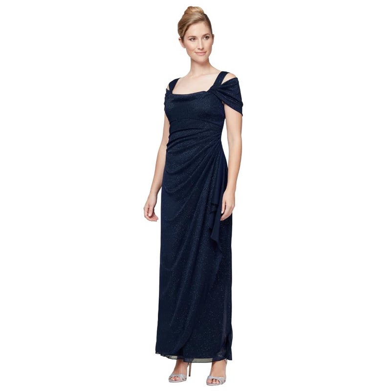 Alex Evenings Women's Long Cold Shoulder Dress (Petite and Regular Sizes), Dark Navy Glitter, 14 - Image 1